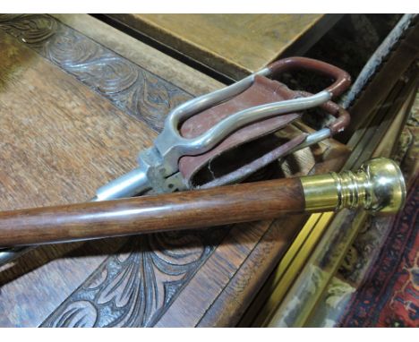 A vintage shooting stick and a later walking cane with compass knop handle