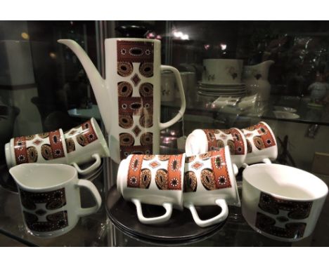 A late 1960s J & G Meakin Studio 'Maori' pattern coffee service for six, comprising coffe pot, milk jug, sugar bowl, and six 