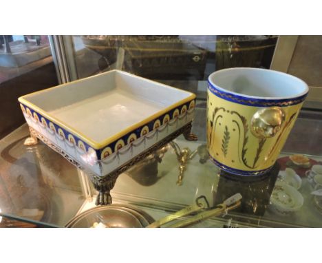 A late 19th century ormolu-mounted ceramic tray, together with a Limoges ice bucket (2)