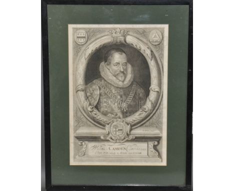 A 17th Century portrait engraving of author and antiquarian William Camden, by R. White, 30.5 x 20.5cm, together with two 19t
