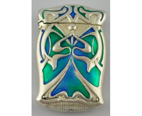 A white metal Art Nouveau style vesta case in set with enamel panels