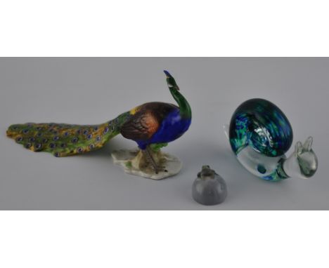 A glazed ceramic peacock, together with a small Royal Copenhagen frog, and a Wedgwood glass snail