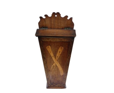 AN ANTIQUE MAHOGANY CANDLE or knife and fork box with a fret carved back, lifting lid and inlaid decoration 48cm in height 