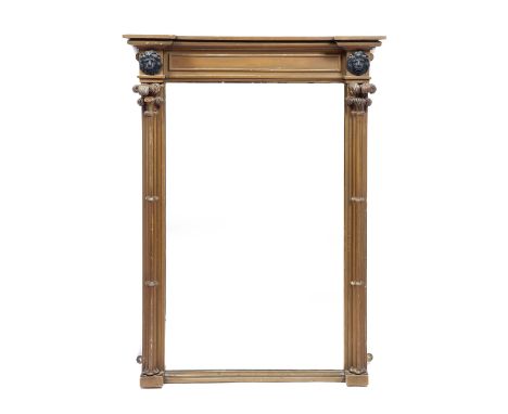 AN EARLY 19TH CENTURY GILT FRAMED RECTANGULAR PIER GLASS with moulded and projecting cornice above two lion masks and cluster