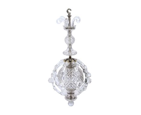 A CUT GLASS SPHERICAL LIGHT FITTING surmounted by scrolls with a hobnail cut knop and a hobnail cut spherical lantern beneath