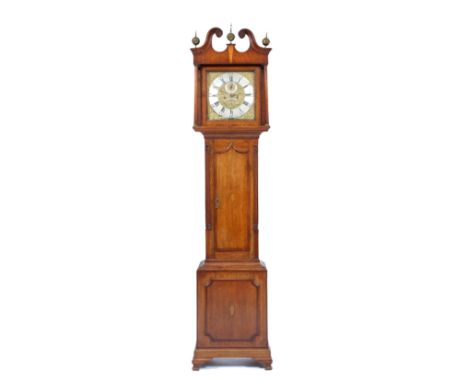 A GEORGIAN OAK LONG CASE CLOCK, the mahogany, satin wood and ebony decorated swan neck pediment with brass ball finials, the 