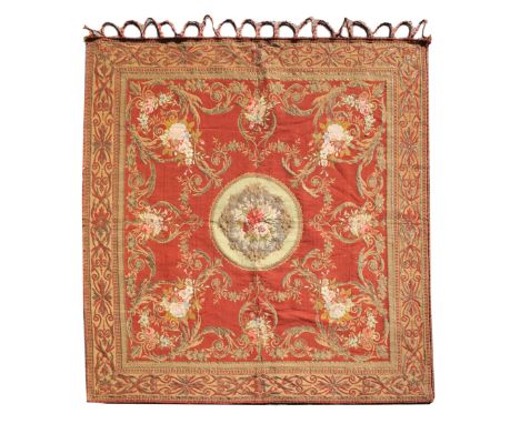 A 19TH CENTURY FRENCH, SAVONNERIE STYLE, SILVER THREAD TAPESTRY with a central apple green ground roundel within a mid red fi