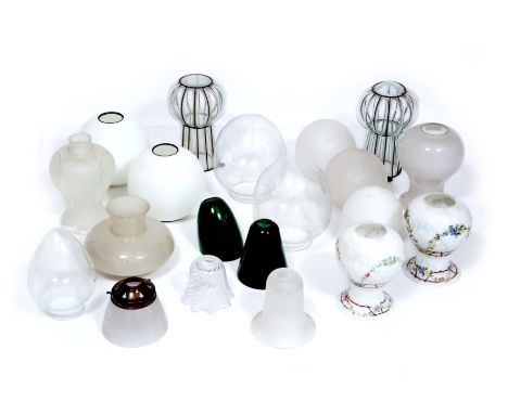 A GROUP OF 22 GLASS LIGHT SHADES of varying sorts to include a pair of green conical shades, a pair of globular clear glass s