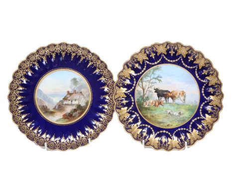 A COPELAND SPODE PLATE with wavy rim painted with cattle and sheep in a field and signed 'C J Weaver' within a gilt and 'jewe