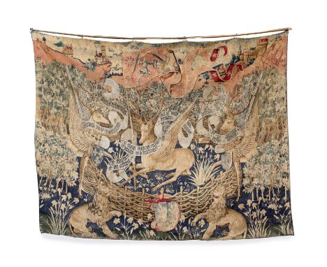A FRENCH MEDIEVAL STYLE TAPESTRY PAINTING ON CANVAS DEPICTING ARMORIAL COATS OF ARMS , 180cm x 143cm