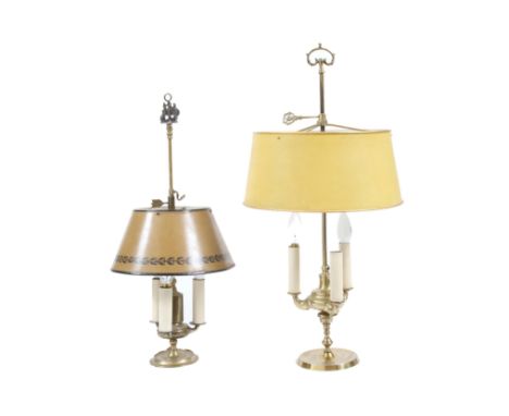 A BRASS THREE BRANCH HEIGHT ADJUSTABLE READING LIGHT with decorated shade 69cm high and another similar with floral decorated