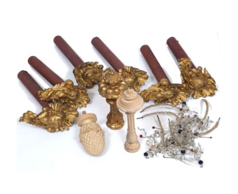 A GROUP OF SIX GILT CARVED WOOD CURTAIN TIE BACKS of scroll form, each 23cm high together with various stars and cut glass dr