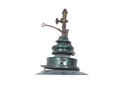AN INDUSTRIAL GREEN PAINTED METAL HANGING GAS LAMP LIGHT FITTING converted for electric use, 36.5cm diameter x 42cm high