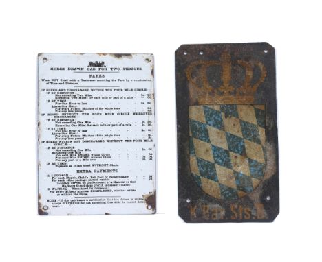 A 19TH CENTURY ENAMEL HORSE DRAWN CAB FOR TWO PERSONS FARES LIST, monochrome on a white background, 23cm x 17cm and a German 