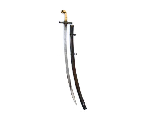 A VICTORIAN DRESS SWORD with shaped ivory grip, cast brass guard, the curving blade with etched decoration to include a VR cy