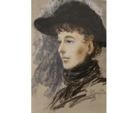 A FRAMED AND GLAZED PASTEL PORTRAIT OF A LADY IN A HAT, SIGNED LOWER RIGHT, DAISY DUNLOP, SIZE - 35 CM X 29 CM