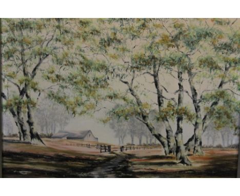 AN AUSTRALIAN SCHOOL OIL ON CANVAS OF HOMESTEAD SIGNED THOMAS P R LOWER RIGHT SIZE - 40CM X 30CM 