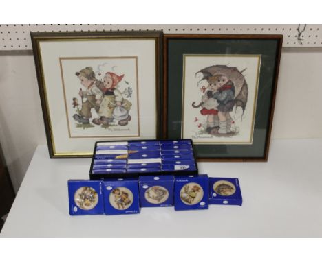 A QUANTITY OF BOXED GOEBEL PIN DISHES (25) TOGETHER WITH TWO M J HUMMEL CROSS STITCHES 