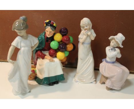 ROYAL DOULTON FIGURINE THE OLD BALLOON SELLER HN1315 TOGETHER WITH TWO NAO FIGURES AND ANOTHER (4) ONE RESTORED 