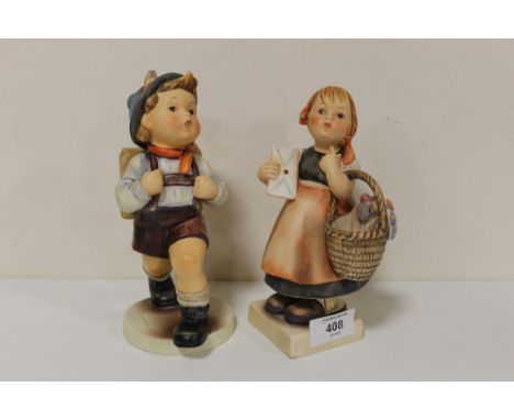 TWO LARGE GOEBEL FIGURES OF A BOY WITH A SATCHEL AND A GIRL WITH A BASKET 