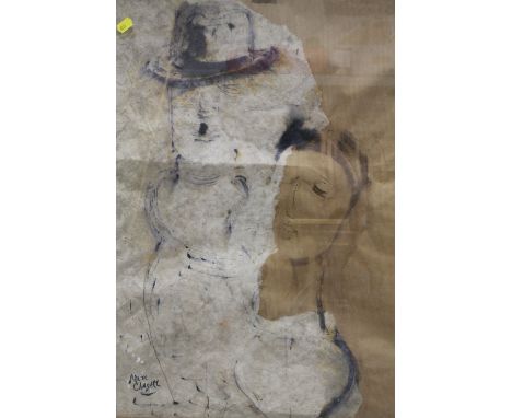 AFTER MARC CHAGALL 1887-1985 - A FRAMED AND GLAZED ABSTRACT MIXED MEDIA STUDY OF A MAN IN A BOWLER HAT BEARING SIGNATURE LOWE