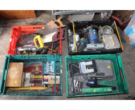 FOUR TRAYS OF TOOLS AND PARTS ETC TO INCLUDE SAWS, TOOL BITS ETC