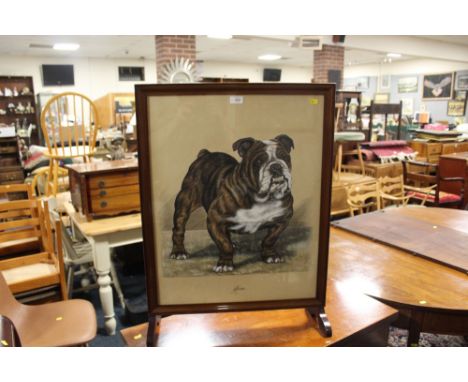 JIM' BY K.C.BROWN - 1954 A COLOURED SKETCH, SET IN A MAHOGANY FIRESCREEN H-81 CM W-60 CM