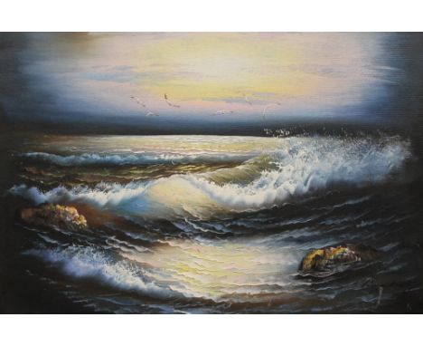 A GILT FRAMED OIL ON BOARD OF A SEASCAPE AT SUNSET INDISTINCTLY SIGNED LOWER RIGHT SIZE - 63CM X 53CM 