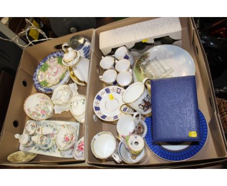 TWO TRAYS OF ASSORTED CHINA AND CERAMICS TO INCLUDE SPODE PERSIA CHINA, BOXED MINTON COMMEMORATIVE VASE ETC 