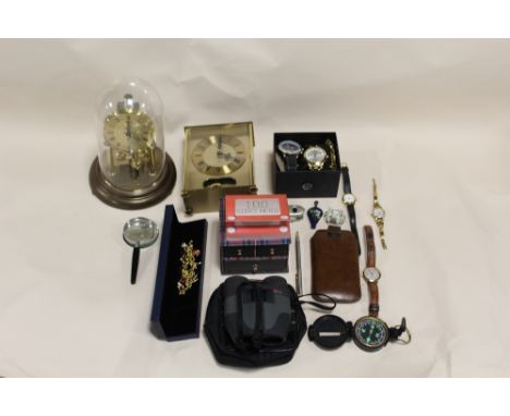 A BOX OF ASSORTED WRISTWATCHES AND CLOCKS TO INCLUDE ACCURIST AND ROTARY EXAMPLES