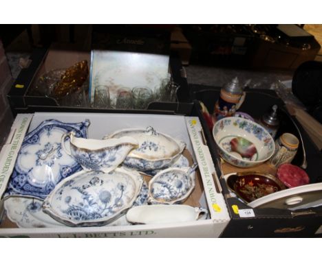 THREE TRAYS OF CERAMICS AND GLASSWARE TO INCLUDE CARLTONWARE, BLUE AND WHITE DINNERWARE CUT GLASS ETC