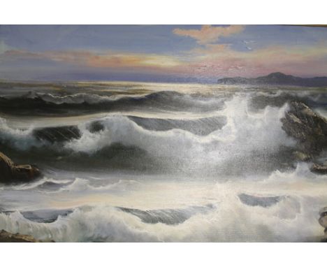 A LARGE GILT FRAMED OIL ON CANVAS OF A SEASCAPE OF CRASHING WAVES SIGNED LOWER RIGHT SANGIO, SIZE - 100 CM X 69 CM