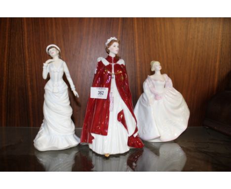 A ROYAL WORCESTER QEII FIGURINE TOGETHER WITH A ROYAL DOULTON FIGURINE AND A COALPORT EXAMPLE (3)