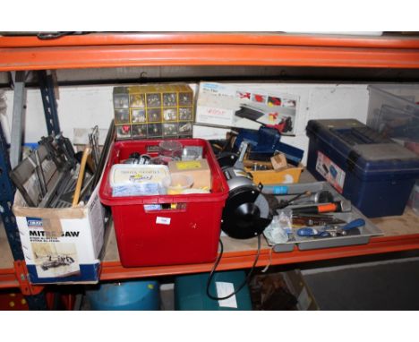 A QUANTITY OF TOOLS AND PARTS ETC TO INCLUDE HAND TOOLS, BENCH GRINDER, TOOL BOX ETC
