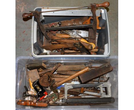 A collection of woodworking tools,&nbsp; early 20th c and later,&nbsp;to include a square, several saws, screwdrivers, etc  