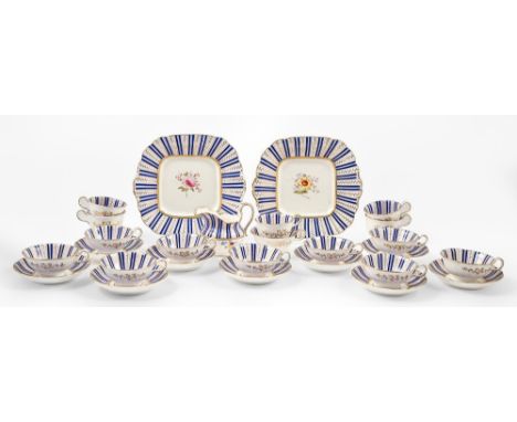 A Minton botanical part tea and coffee service, c.1835, dessert dish 25.5cm over handles, pattern No 3035  In good condition.