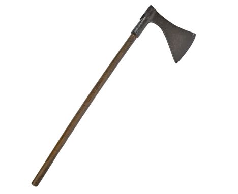A Northern European forged iron executioner's axe, 17th c, on a wood shaft, head approx 33.5 x 18cm  Blade slightly chipped a