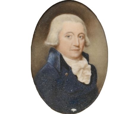 English School, late 18th century - Portrait Miniature of a Gentleman, in white stock and navy coat, his powdered hair en que