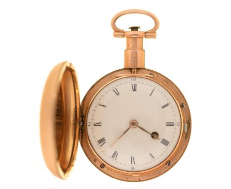 An English 18ct gold hunting cased cylinder watch, John Wightwick, London, No.2009, with engraved balance cock and foot, diam