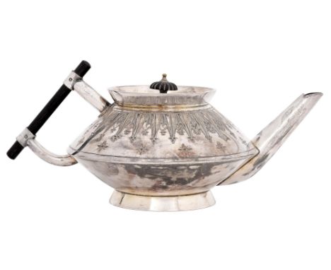 An Aesthetic Movement EPNS teapot, the design in the manner of Dr Christopher Dresser, c1880, with embossed rod handle, 12cm 