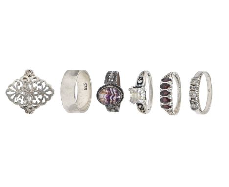 A Blue John ring, in silver, Birmingham 1918 and five various other silver rings, several gem set, 18.7g, various sizes (6)  