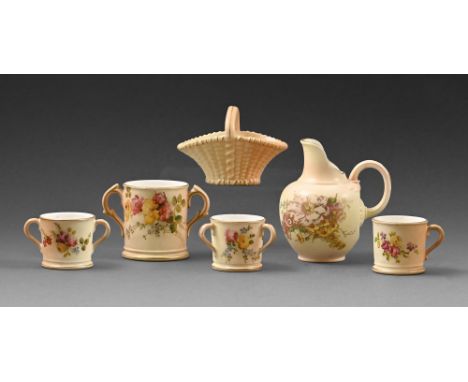 Five Royal Worcester miniature mugs and a basket, early 20th c&nbsp;and a later jug, 9.5cm h and smaller, printed mark (6)  L