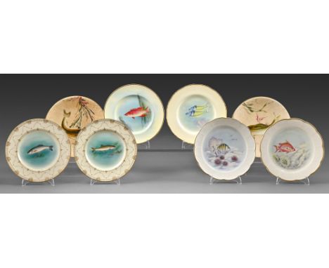 Eight Royal Worcester fish plates, late 19th and early 20th c, to include a pair of plates with raised enamel fish, a pair pr