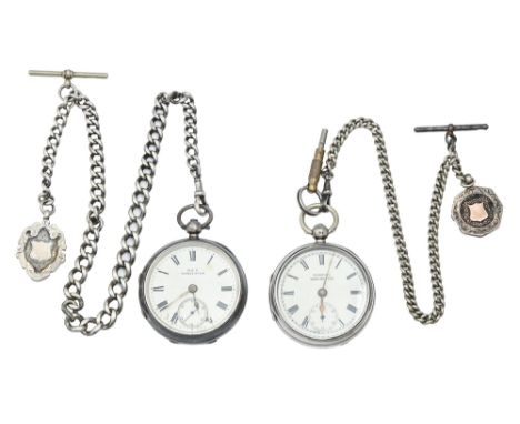 A silver albert and watch fob shield, with plated T-bar, 42cm l, another silver shield and two contemporary silver lever watc