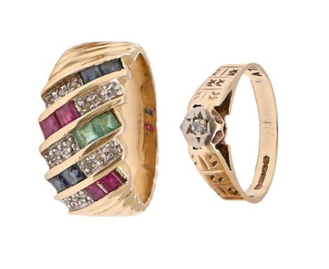 A diamond and calibre cut emerald and ruby cocktail ring, in gold, marked 14K 585 and another gold ring, 7.6g, size F, G  The