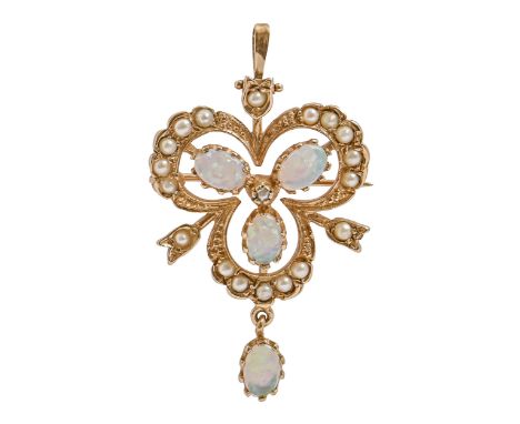 An opal and split pearl brooch-pendant, in gold, 41mm h, marked 9ct, 5g  Good condition