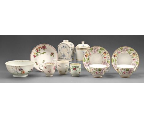 Miscellaneous English and continental teaware, c.1790-1810, to include a pair of New Hall cups and saucers, a moulded blue fl