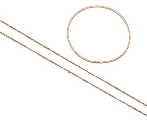 A North American gold bangle, 70mm (internal), marked Krementz USA, 5.3g and a gold necklet marked 18KT, 4.7g (2)  Bangle sli