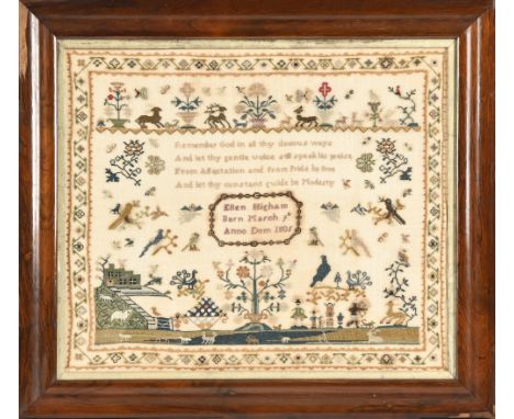 A George III sampler, Ellen Higham Born March 9th Anno Dom 1805, worked in cotton threads with birds, animals and figures, in