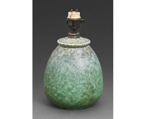 A Ruskin pottery lamp, 1932, with blue and green mottled matt glaze, 15cm h excluding fitment, impressed mark and date  Undam